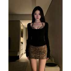 批发性感辣妹套装女春秋巨好看<b class='q'>黑色</b>长袖上衣御姐豹纹包臀短裙子三件套