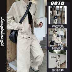 批发设计感拉链拼接长袖夹克<b class='q'>外套</b>宽松百搭阔腿休闲裤女秋季时尚套装潮