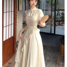 批发国风新款新中式改良拼接束腰连衣裙旗袍不规则系带2026夏季长裙