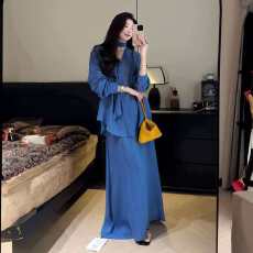 批发法式气质蓝色飘带长袖<b class='q'>衬衫</b>防晒套装女2026春夏中<b class='q'>长款</b>半身裙两件套