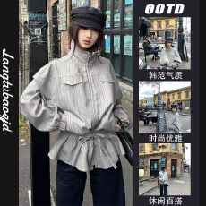 批发英伦风复古条纹立领风衣外套女秋收腰时尚<b class='q'>短款</b>夹克高级感小众上衣
