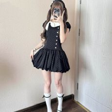 批发千金风蝴蝶结波点连衣裙女夏季<b class='q'>复古</b>小个子收腰显瘦气质蓬蓬短裙子