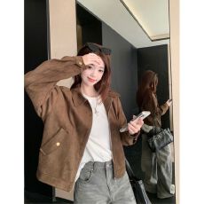 批发美拉德短款麂皮绒外套女春<b class='q'>秋</b>装美式复古慵懒chic又酷又飒皮衣夹克