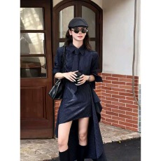 批发复古学院风条纹衬衫裙女秋季两件套腰带不规则半裙百搭<b class='q'>时尚</b>套装潮