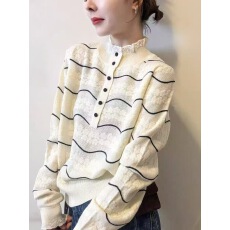 批发半开领设计感半高领长袖条纹蕾丝针织衫秋冬毛衣<b class='q'>上衣</b><b class='q'>欧根纱</b>3988