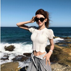 批发李婉君早春原创圈圈纱短袖女时尚独特别致波浪修身针织T恤5097