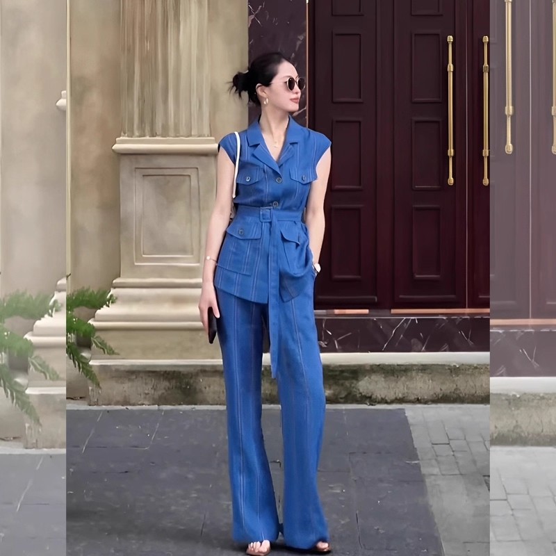 MY10910# 一整套ootd穿搭老钱风高级感新款夏装蓝色西服背心裤子两件套女裝貨源服裝批發
