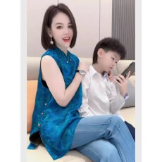 批发唐装女装中国风年轻款高端减龄改良旗袍宋锦新中式蓝色上衣无袖<b class='q'>夏</b>