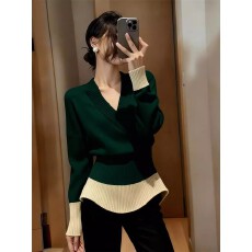 批发上架72小时有货-复古风撞色V领针织衫女冬季新款高级感收腰上衣
