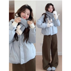 批发上架72小时有货-2025冬季一整套穿搭蓝色棉服外套咖色阔腿裤套装