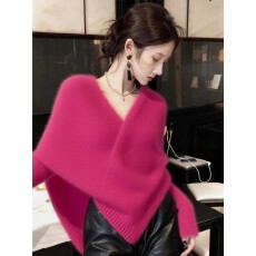 上架72小时有货-玫红色斗篷针织衫2025冬季小众软糯慵懒气质上衣