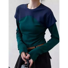 批发上架72小时有货-韩系撞色假两件长袖T恤女春季内搭超好看<b class='q'>百搭</b>上衣