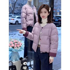 批发上架72小时有货-紫色撞色拼接<b class='q'>短</b>款棉服女2025秋冬季圆领保暖外套