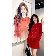 批发上架72小时有货-复古时尚百搭红色毛衣一整套外套女百搭裙子<b class='q'>套装</b>