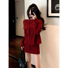 批发上架72小时有货-2026新款氛围感穿搭一字肩针织衫女红色两件<b class='q'>套装</b>