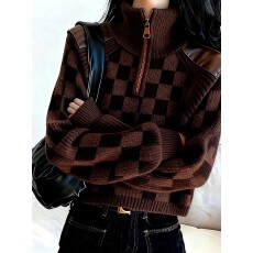 批发上架72小时有货-慵懒风<b class='q'>棋盘</b><b class='q'>格</b>毛衣女款半拉链针织衫高领短款上衣