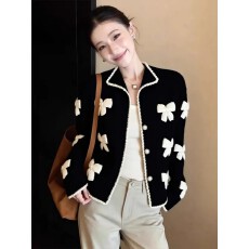 批发上架72小时有货-2026春新款蝴蝶结软糯针织开衫女款黑色长袖上衣