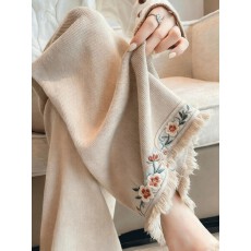 批发上架72小时有货-复古国风刺绣阔腿裤女2026新款米白色垂感休闲裤