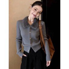 批发上架72小时有货-韩系毛领灰色毛衣冬季<b class='q'>针织</b>巨好看的修身<b class='q'>短款</b>上衣