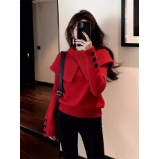 批发本命年红色半<b class='q'>高领</b>斗篷设计感针织<b class='q'>毛衣</b>女2026新款修身新年喜庆上衣