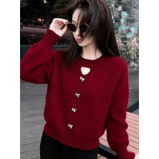 批发韩系蝴蝶结镂空针织衫新年红色毛衣女<b class='q'>冬</b>季保暖内搭打底衫长袖上衣