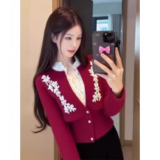 批发韩系花边拼接针织衫女2026新款早春季网红风洋气显瘦百搭开衫上衣