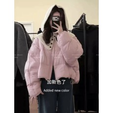 批发上架72小时有货-针织披肩粉色加厚棉服外套女2026冬新款保暖棉衣