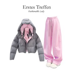 批发上架72小时有货-粉色套装棉服+运动裤两件套独特漂亮冬装一整套女