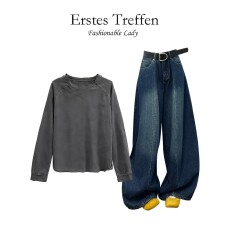 批发上架72小时有货-2026一整套穿搭长袖T恤<b class='q'>女</b>春季弯刀阔腿牛仔裤套装