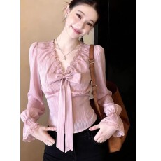 上架72小时有货-甜美风粉色V领蝴蝶结衬衫女蕾丝花边收腰减龄上衣