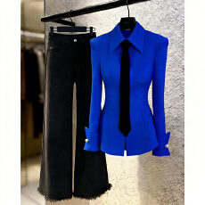 批发上架72小时有货-深蓝色<b class='q'>衬衫</b>气质收腰翻领长袖上衣黑<b class='q'>牛仔</b>裤两件套