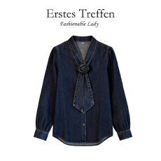 批发上架72小时有货-法式设计感<b class='q'>牛仔</b><b class='q'>衬衫</b><b class='q'>女</b>长袖V领系带气质上衣2026