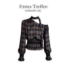 批发上架72小时有货-斜肩露肩飘带<b class='q'>格子衬衫</b>女2026新款收腰设计感上衣