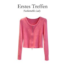 批发上架72小时有货-粉色双拉链<b class='q'>圆领</b><b class='q'>针织</b><b class='q'>开衫</b>春季小众设计感减龄上衣