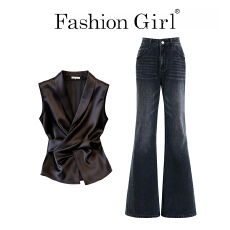 批发上架72小时有货-韩系轻熟风穿搭一整套新款修身上衣+<b class='q'>牛仔</b>裤两件套