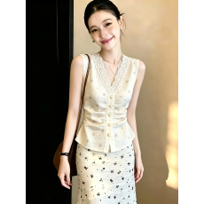 批发上架72小时有货-法式蕾丝V领无袖上衣女温柔风显瘦通勤白色衬衫