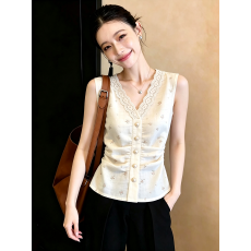 批发上架72小时有货-法式蕾丝V领无袖上衣女温柔风显瘦通勤白色衬衫