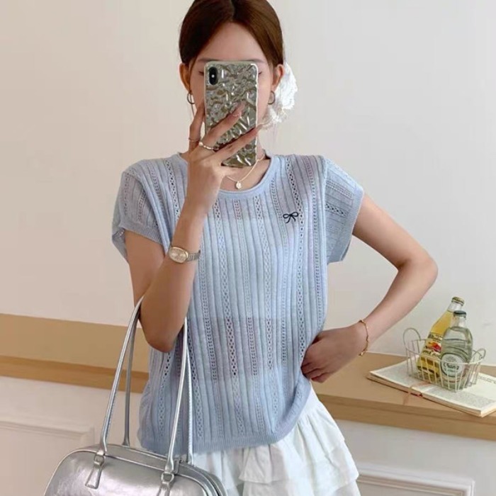 FA36249# 薄款短袖针织衫女夏新款宽松蝴蝶结T恤短款后背镂空冰丝上衣 服裝批發女裝批發服飾貨源