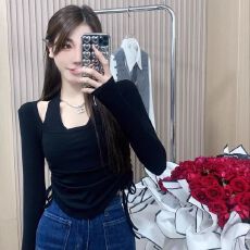 批发两件套原版质量辣妹风抽绳长袖短款<b class='q'>T</b><b class='q'>恤</b>设计感修身黑色上衣女