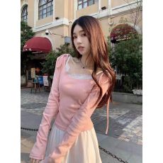 批发假两件坑条弹力芭蕾减龄显瘦上衣女内搭打底衫短款长袖<b class='q'>t</b><b class='q'>恤</b>