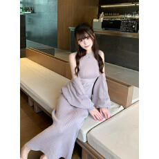 批发甜美少女紫色针织毛衣<b class='q'>罩衫</b>+纯欲风圆领收腰显瘦背心连衣裙套装女