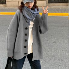 批发黑色<b class='q'>毛衣</b>外套女大码2025加厚外穿复古<b class='q'>中长款</b>慵懒宽松v领针织开衫