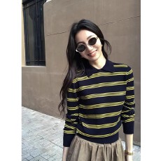 美式撞色条纹polo衫长袖针织衫女2025秋冬款韩系宽松复古通勤上衣