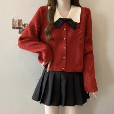 红色长袖针织衫女早秋冬季法式甜妹蝴蝶结上衣今年流行漂亮毛衣