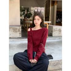 批发新年红花朵一字肩<b class='q'>打底衫</b>女春秋冬季斜领露肩内搭毛衣羊绒针织上衣