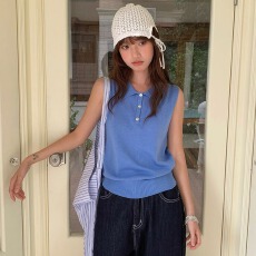 2026年夏季甜妹蓝色Polo领针织背心女韩版无袖针织衫上衣