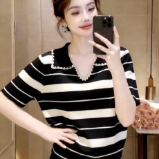 批发<b class='q'>甜美</b>撞色条纹半开领短袖毛针织衫女2026夏季新款减龄遮肉显瘦上衣