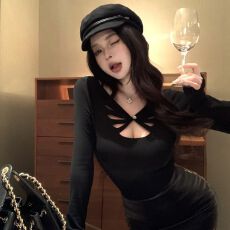 批发260克人棉抓毛 辣妹风黑色镂空长袖加绒T恤女冬季打底衫内搭上衣