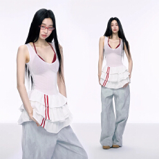 批发<b class='q'>莫代尔</b>上衣+四面弹裙子红白泽西风连衣蛋糕裙撞色修身收腰裙