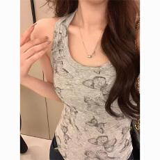 渐变蝴蝶结印花吊带背心女夏季外穿带胸垫一体打底无袖上衣